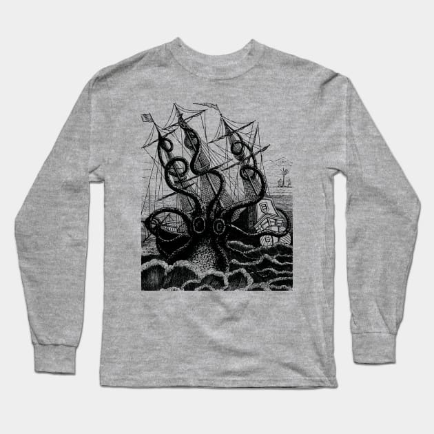 Kraken Attacks Boat Long Sleeve T-Shirt by VintageArtwork